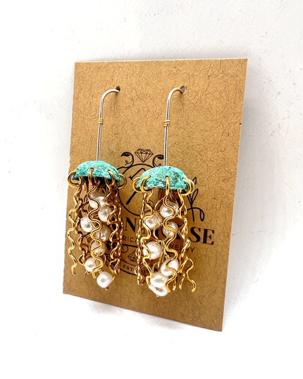 Green Copper Jellyfish Earrings with White Pearls and Sterling Silver Earwires