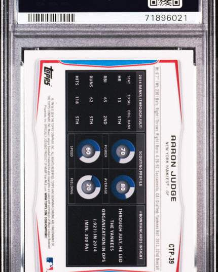 Graded 2014 Topps Bowman Draft Picks Aaron Judge #CTP39 Top Pros Chrome Rookie RC Baseball Card PSA 10 Gem Mint