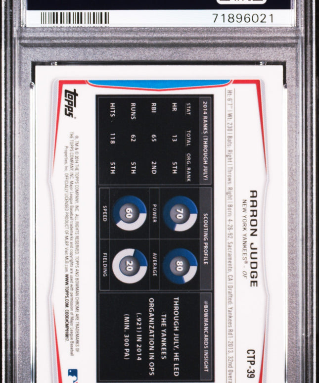 Graded 2014 Topps Bowman Draft Picks Aaron Judge #CTP39 Top Pros Chrome Rookie RC Baseball Card PSA 10 Gem Mint