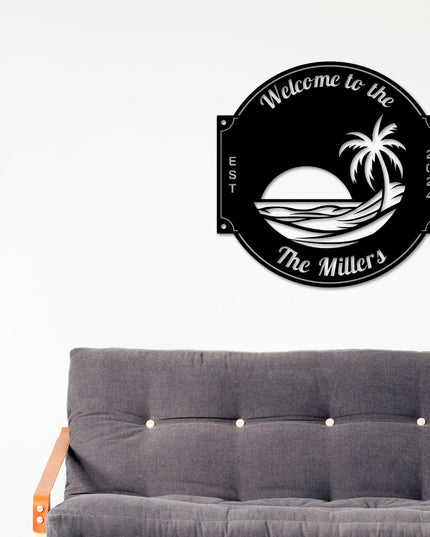 Last name sign, Beach House Sign,  Personalized Sign, Name and Palm Trees, Palm Tree Sign, Beach Decor, Front door, Tropical Patio Pool Sign