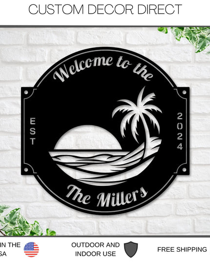 Last name sign, Beach House Sign,  Personalized Sign, Name and Palm Trees, Palm Tree Sign, Beach Decor, Front door, Tropical Patio Pool Sign