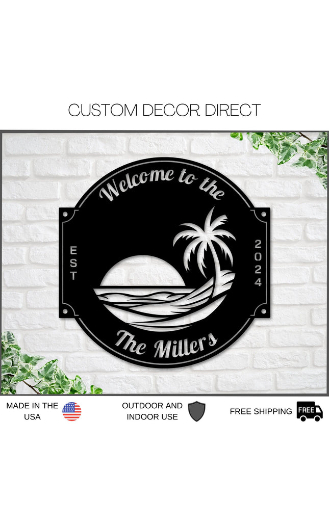 Last name sign, Beach House Sign,  Personalized Sign, Name and Palm Trees, Palm Tree Sign, Beach Decor, Front door, Tropical Patio Pool Sign