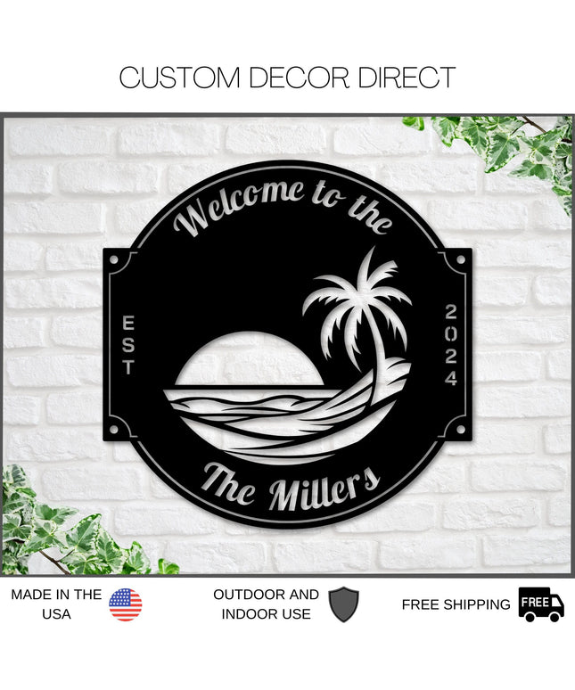 Last name sign, Beach House Sign,  Personalized Sign, Name and Palm Trees, Palm Tree Sign, Beach Decor, Front door, Tropical Patio Pool Sign