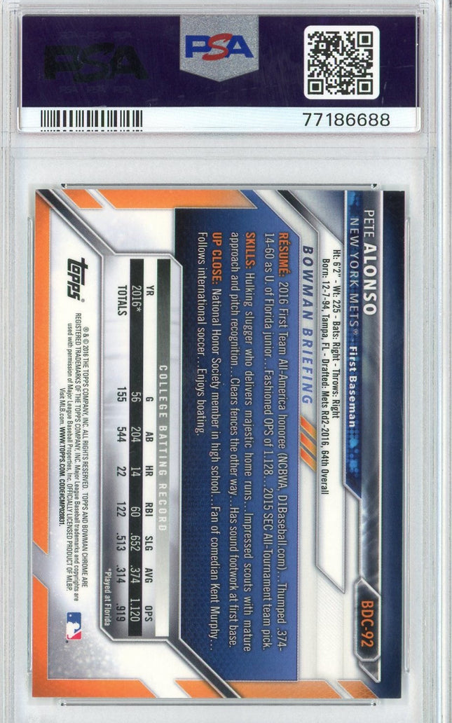 Graded 2016 Bowman Draft Pete Alonso #BDC92 Chrome Rookie RC Baseball Card PSA 10 Gem Mint