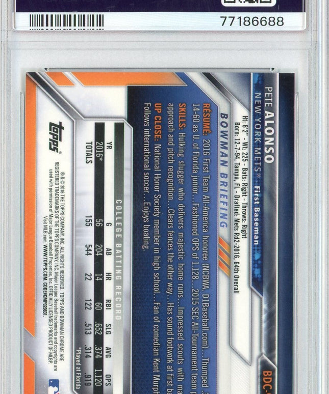 Graded 2016 Bowman Draft Pete Alonso #BDC92 Chrome Rookie RC Baseball Card PSA 10 Gem Mint