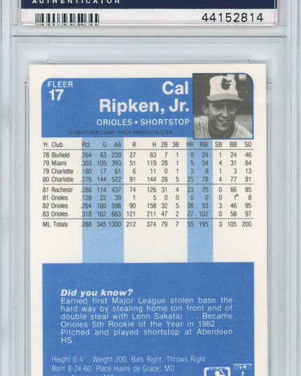 Graded 1984 Fleer Cal Ripken Jr. #17 Baseball Card PSA 10 Gem Mint