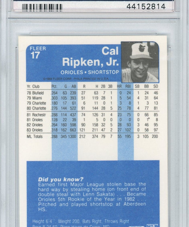 Graded 1984 Fleer Cal Ripken Jr. #17 Baseball Card PSA 10 Gem Mint