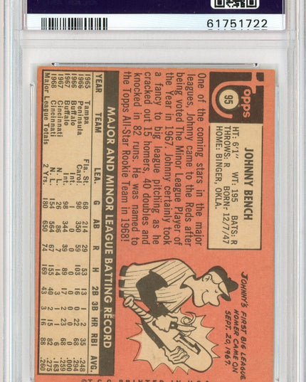 Graded 1969 Topps Johnny Bench #95 All-Star Rookie Cup RC Baseball Card PSA 4 VG-EX