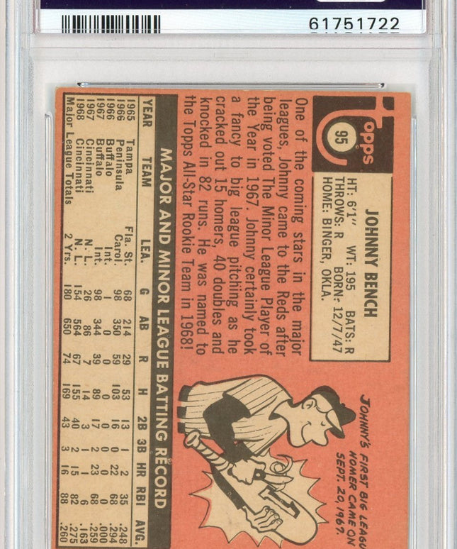 Graded 1969 Topps Johnny Bench #95 All-Star Rookie Cup RC Baseball Card PSA 4 VG-EX