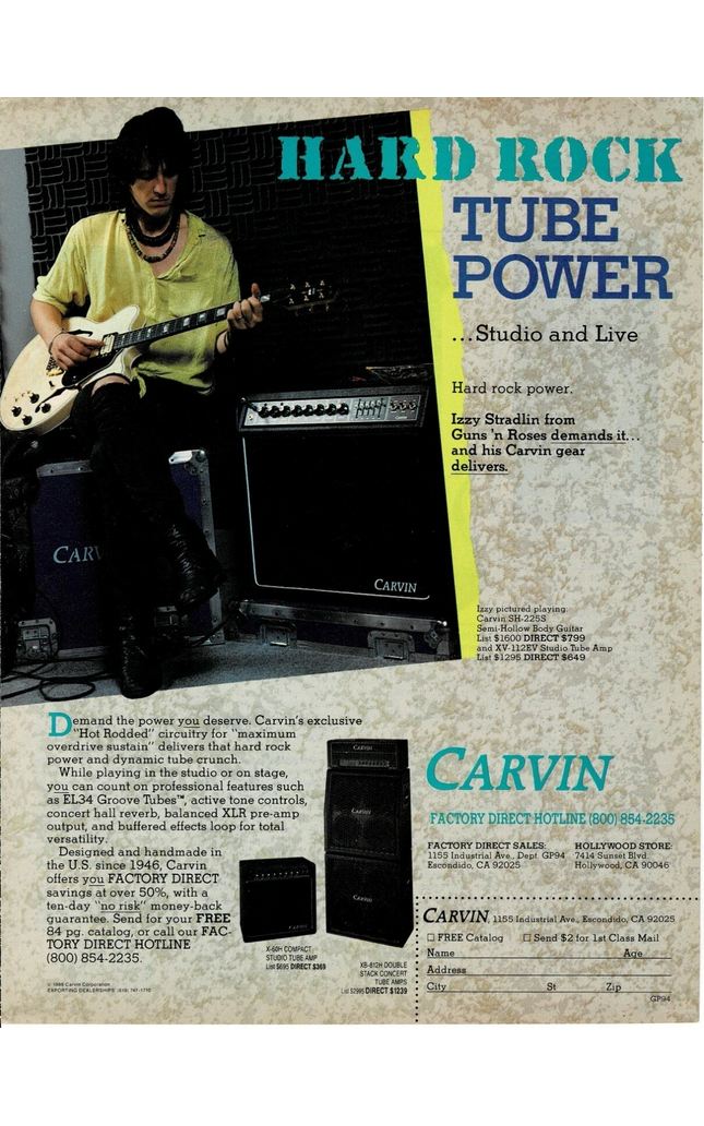 CARVIN GUITARS/AMPS - IZZY STRADLIN of GUNS N' ROSES - 1988 Print Ad