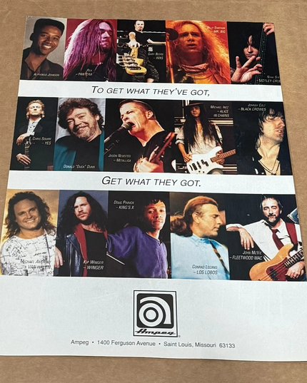 AMPEG AMPS - Sheehan /Rex /Sixx /Beers /McVie /Pinnick / Winger - 1995 Print Ad