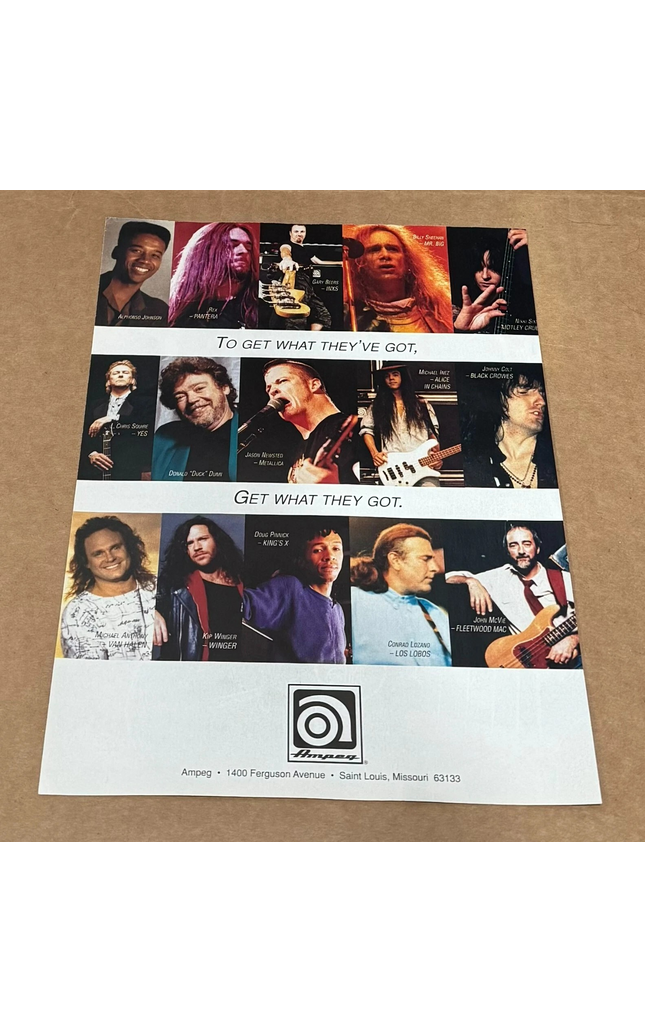 AMPEG AMPS - Sheehan /Rex /Sixx /Beers /McVie /Pinnick / Winger - 1995 Print Ad