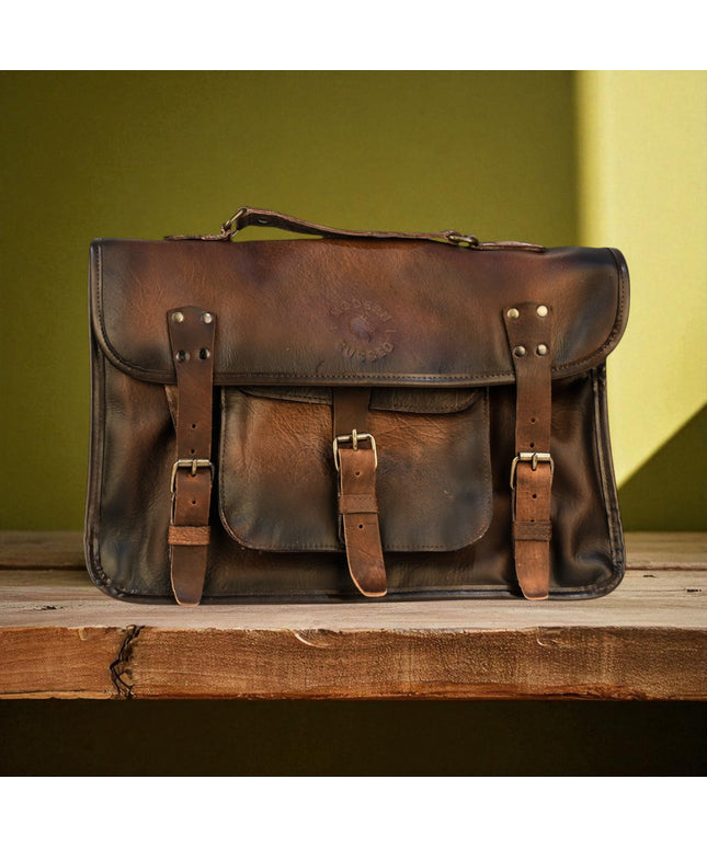 Bovine Leather Twin Strap Laptop Bag - Brown