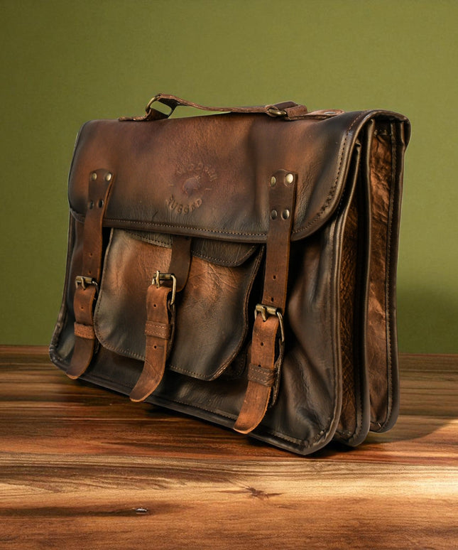 Bovine Leather Twin Strap Laptop Bag - Brown
