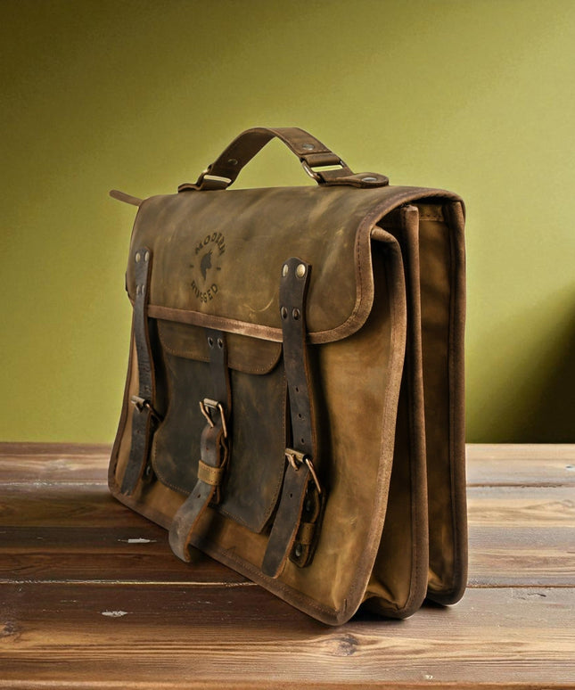 Bovine Leather Twin Strap Laptop Bag - Olive
