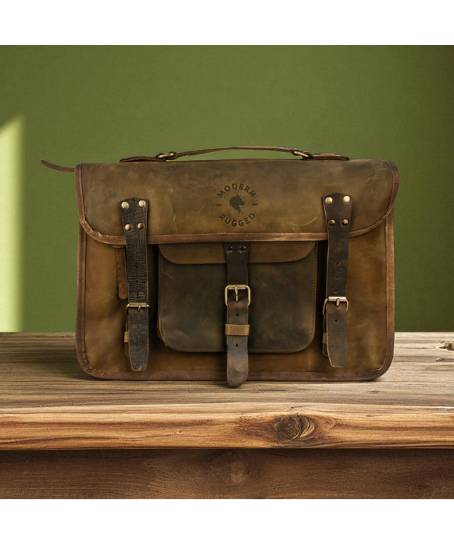 Bovine Leather Twin Strap Laptop Bag - Olive