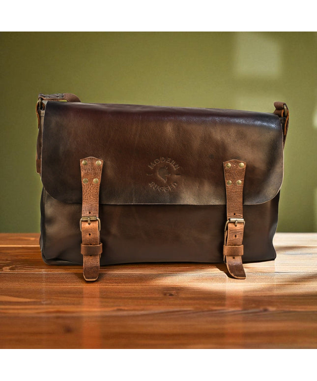 Bovine Leather Buckled Messenger Bag - Brown