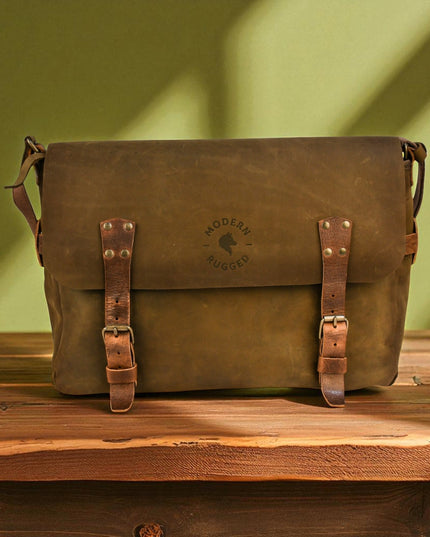Bovine Leather Buckled Messenger Bag - Olive