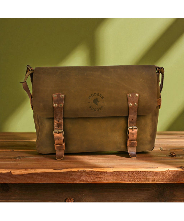 Bovine Leather Buckled Messenger Bag - Olive