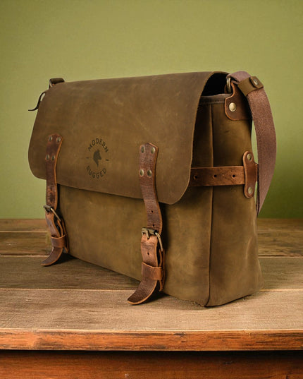 Bovine Leather Buckled Messenger Bag - Olive
