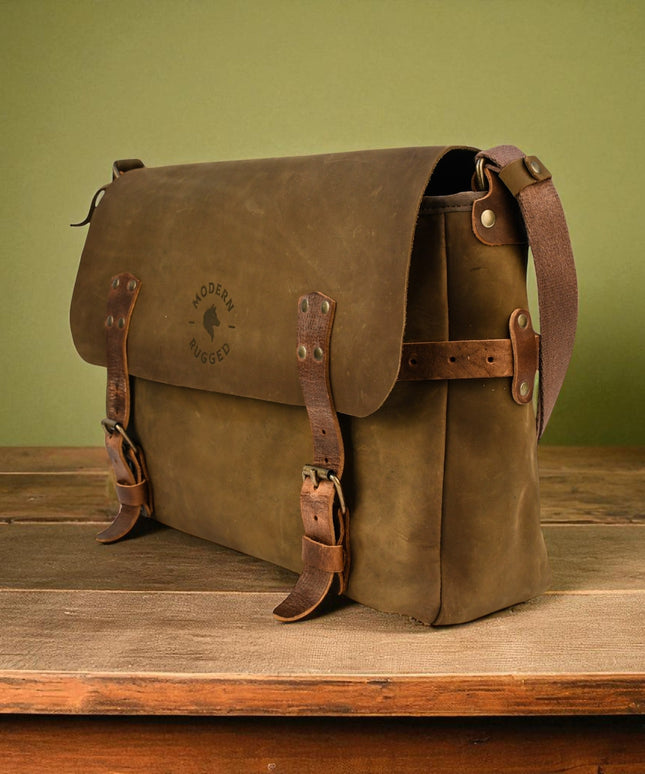 Bovine Leather Buckled Messenger Bag - Olive