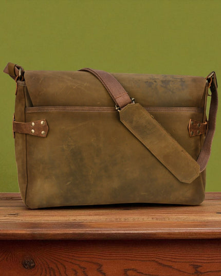 Bovine Leather Buckled Messenger Bag - Olive