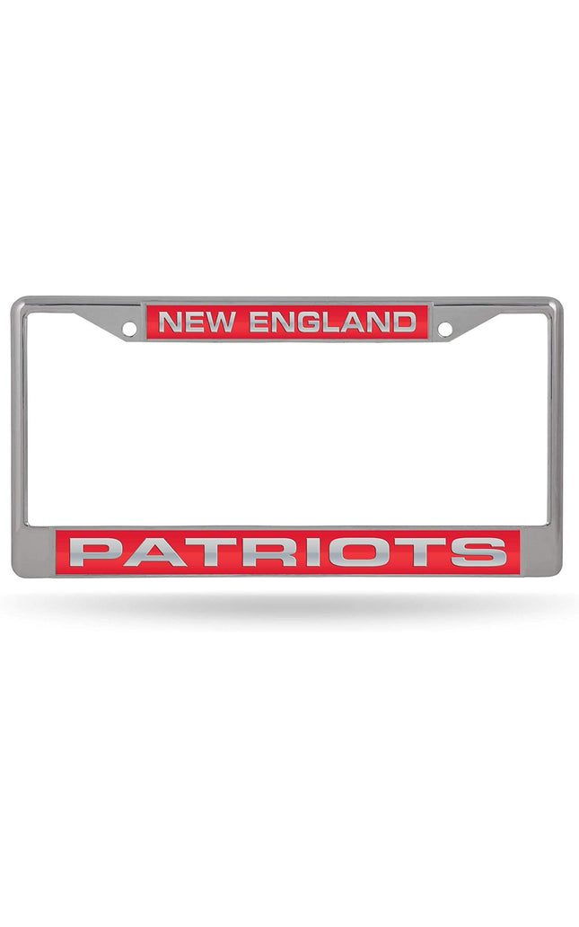 New England Patriots Metal License Plate Frame Chrome Tag Cover, Laser Acrylic Mirrored Inserts, 12x6 Inch