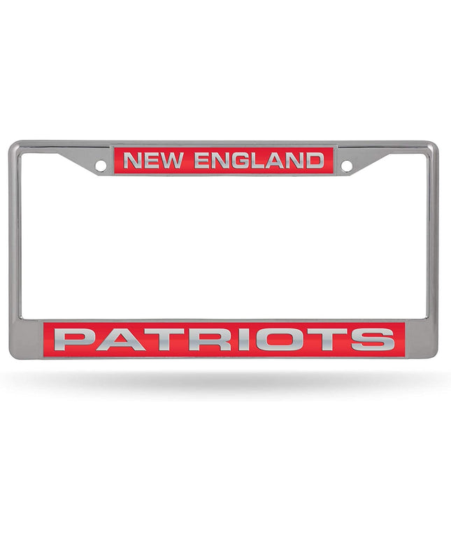 New England Patriots Metal License Plate Frame Chrome Tag Cover, Laser Acrylic Mirrored Inserts, 12x6 Inch