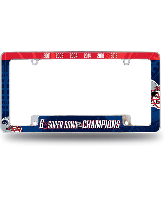 New England Patriots 6-Time 6X Champions Metal License Plate Frame Chrome Tag Cover 6x12 Inch
