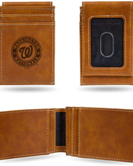 Washington Nationals Premium Brown Leather Wallet, Front Pocket Magnetic Money Clip, Laser Engraved
