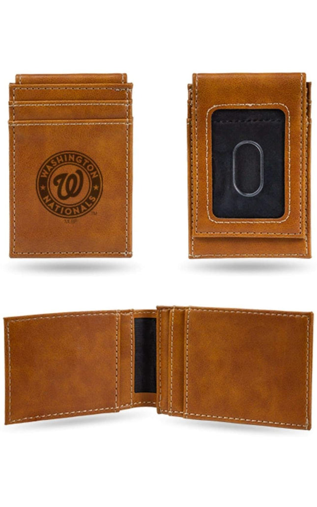 Washington Nationals Premium Brown Leather Wallet, Front Pocket Magnetic Money Clip, Laser Engraved