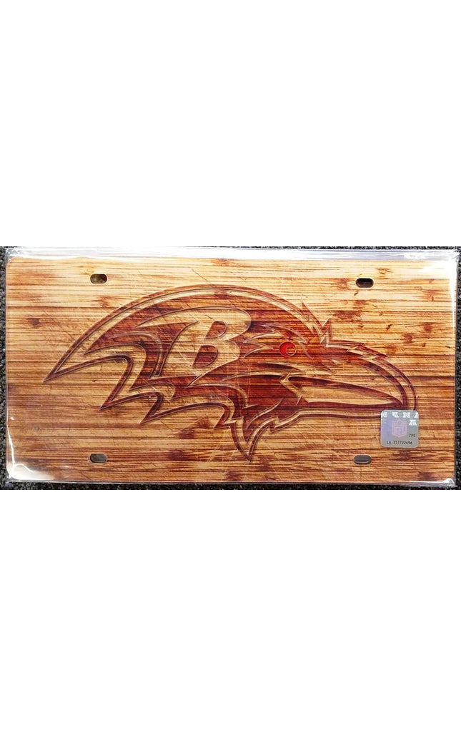 Baltimore Ravens Premium Laser Cut Tag License Plate, Woodgrain Design, Mirrored Acrylic Inlaid, 6x12 Inch