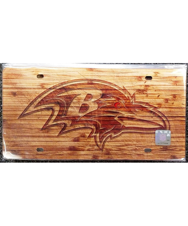 Baltimore Ravens Premium Laser Cut Tag License Plate, Woodgrain Design, Mirrored Acrylic Inlaid, 6x12 Inch