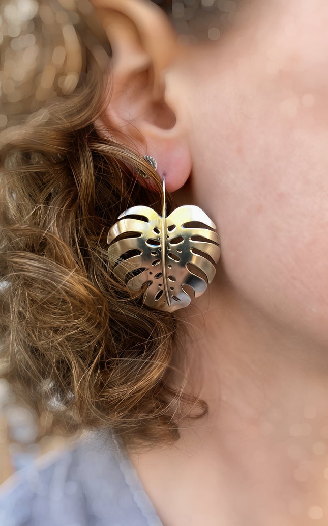 Monstera Earrings in Sterling Silver - Large