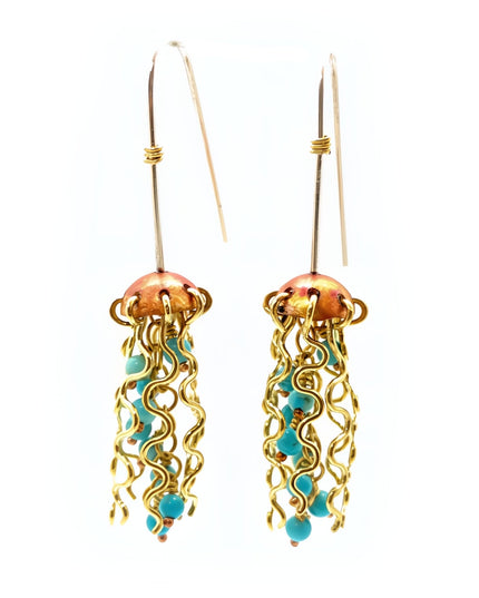 Mini Red Copper Jellyfish Earrings with Turquoise Beads and Sterling Silver Earwires