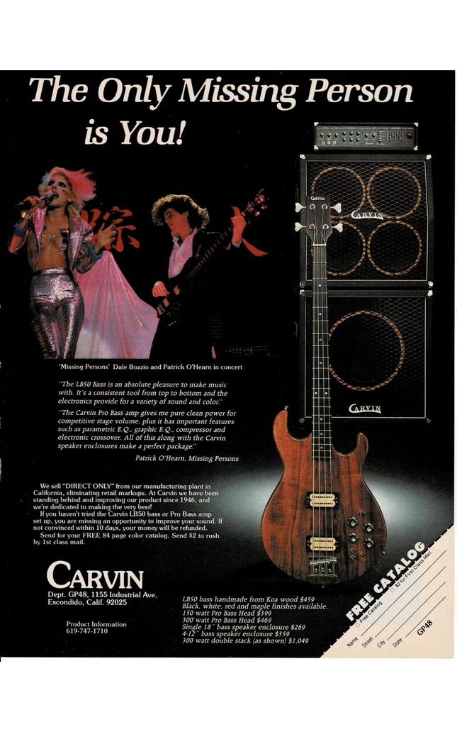 CARVIN - DALE BOZZIO & PATRICK O'HEARN OF MISSING PERSONS - 1984 Print Ad