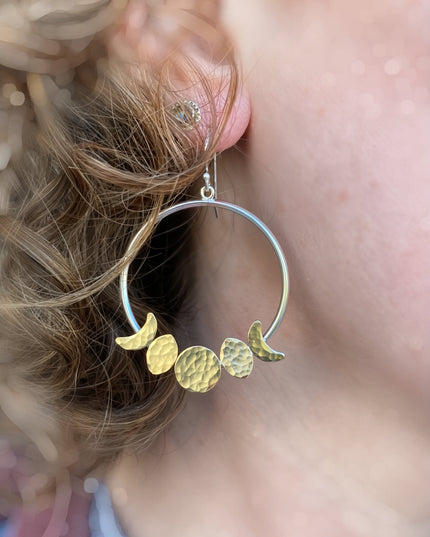 Moon Phase Hoop Earrings in Sterling Silver and Brass