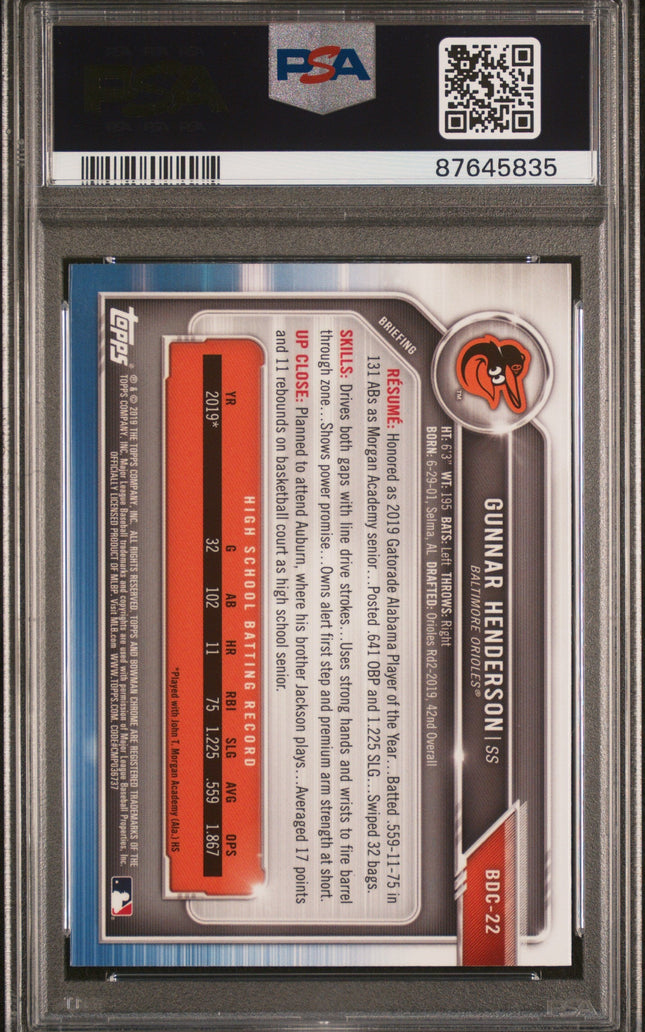 Graded 2019 Topps Bowman Draft Gunnar Henderson #BDC22 Chrome Rookie RC Baseball Card PSA 10 Gem Mint