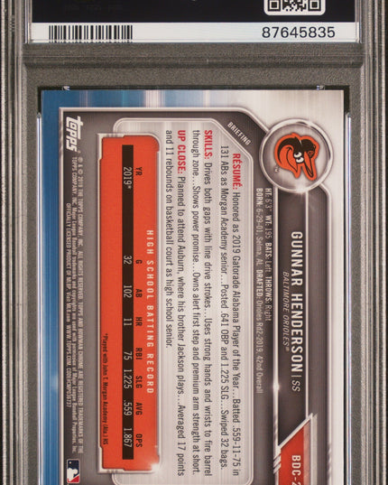 Graded 2019 Topps Bowman Draft Gunnar Henderson #BDC22 Chrome Rookie RC Baseball Card PSA 10 Gem Mint