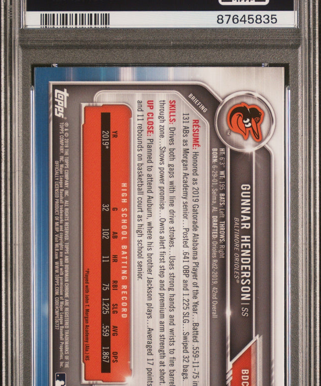 Graded 2019 Topps Bowman Draft Gunnar Henderson #BDC22 Chrome Rookie RC Baseball Card PSA 10 Gem Mint