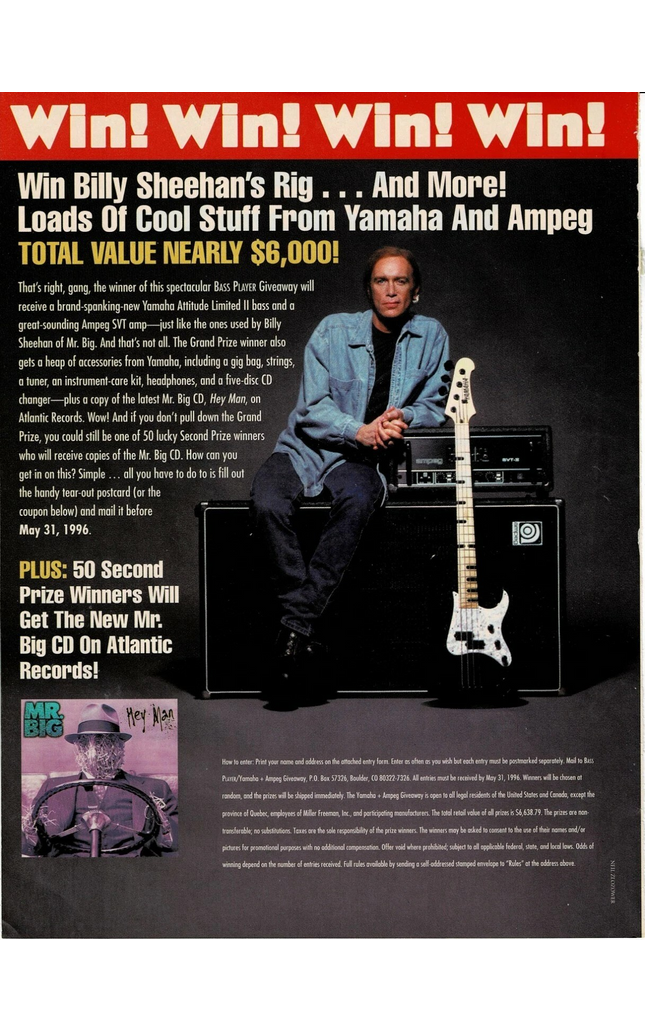 Yamaha Bass Guitars / Ampeg Amps - Billy Sheehan - 1996 Print Promo Advertisement