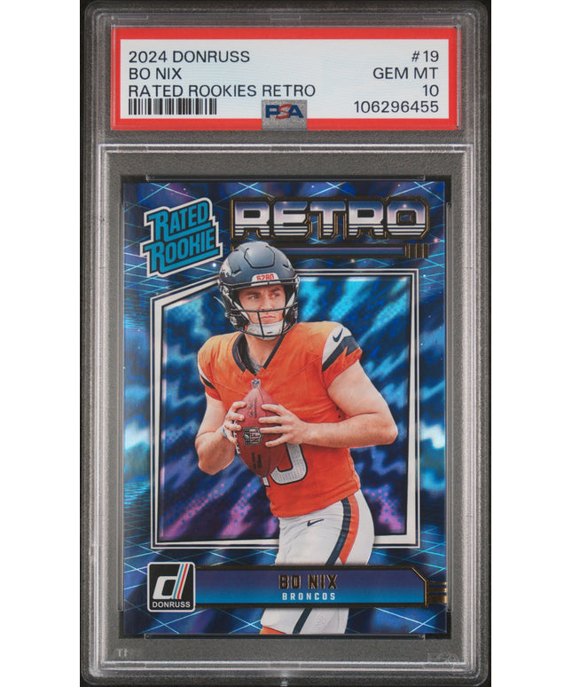 Graded 2024 Panini Donruss Bo Nix #19 Rated Rookies Retro Rookie RC Football Card PSA 10 Gem Mint