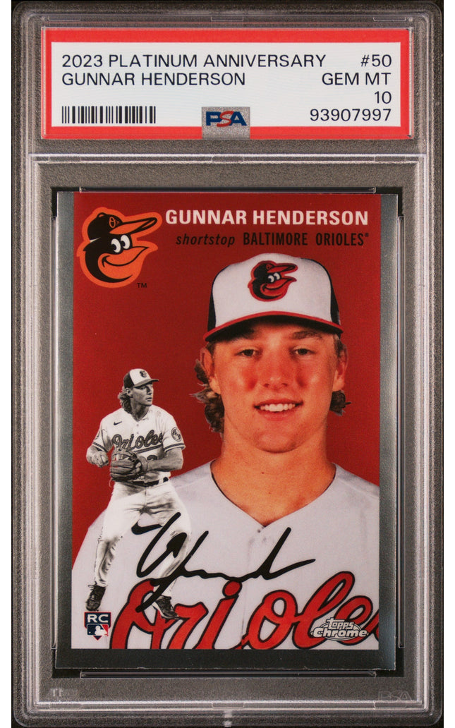 Graded 2023 Topps Platinum Anniversary Gunnar Henderson #50 Rookie RC Baseball Card PSA 10 Gem Mint