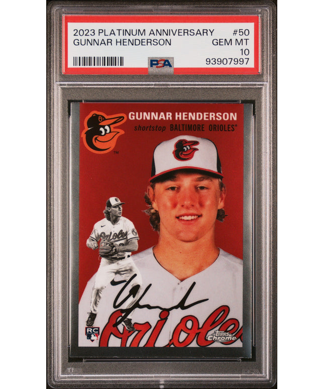 Graded 2023 Topps Platinum Anniversary Gunnar Henderson #50 Rookie RC Baseball Card PSA 10 Gem Mint