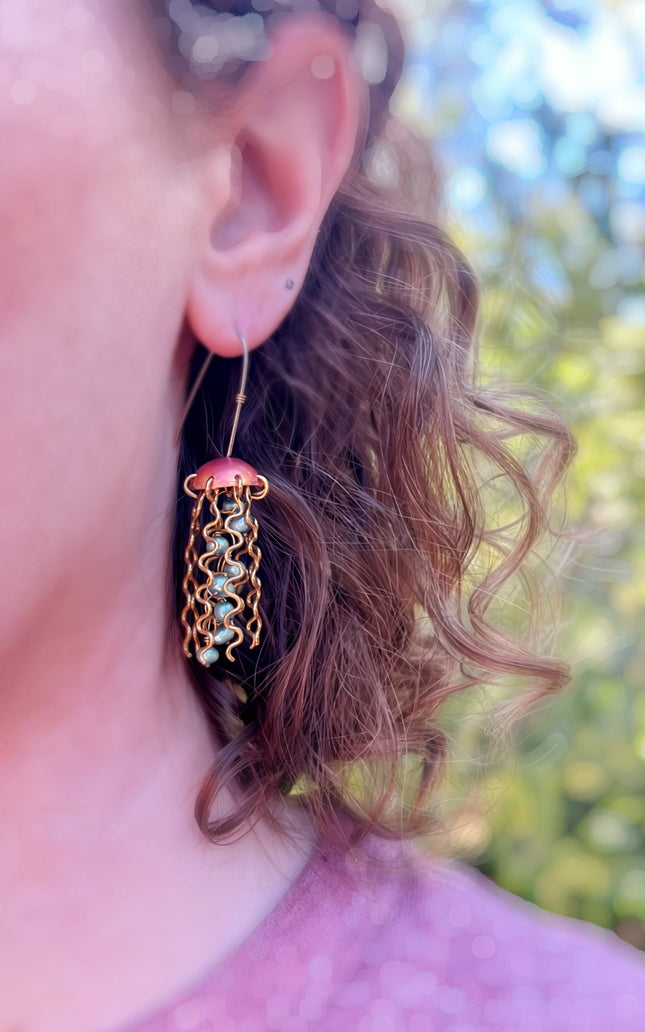Red Copper Jellyfish Earrings with Green Pearls and Sterling Silver Earwires