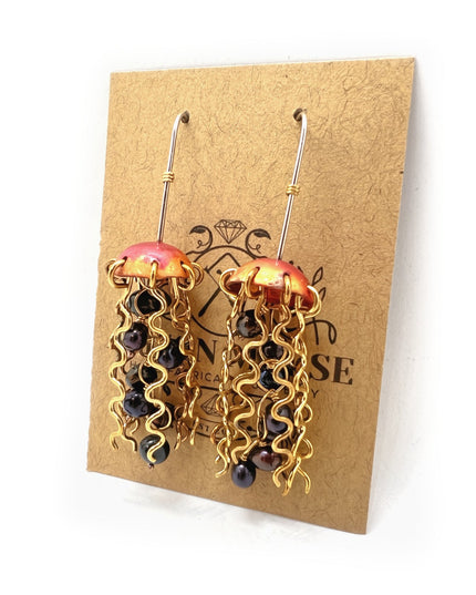 Red Copper Jellyfish Earrings with Dark Pearls and Sterling Silver Earwires