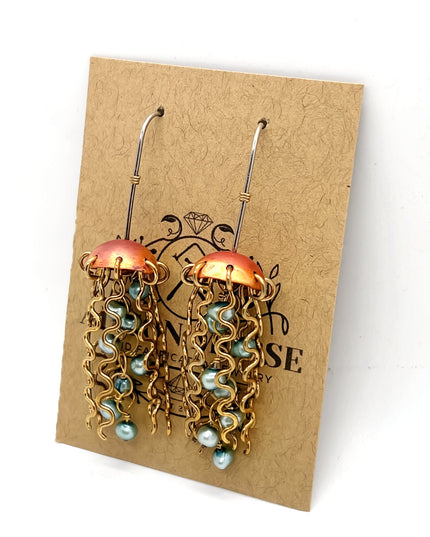 Red Copper Jellyfish Earrings with Green Pearls and Sterling Silver Earwires
