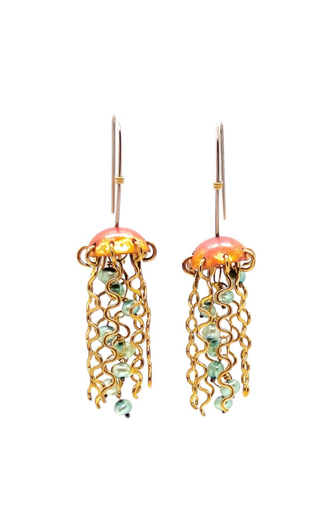 Red Copper Jellyfish Earrings with Green Pearls and Sterling Silver Earwires