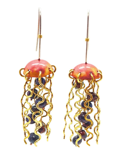 Red Copper Jellyfish Earrings with Dark Pearls and Sterling Silver Earwires