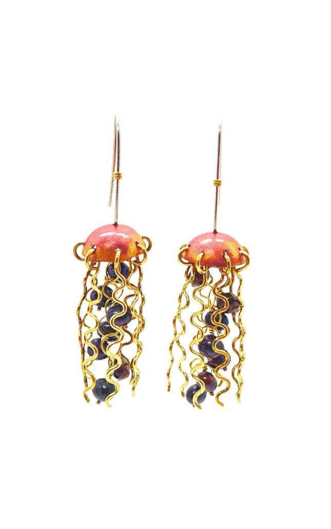 Red Copper Jellyfish Earrings with Dark Pearls and Sterling Silver Earwires